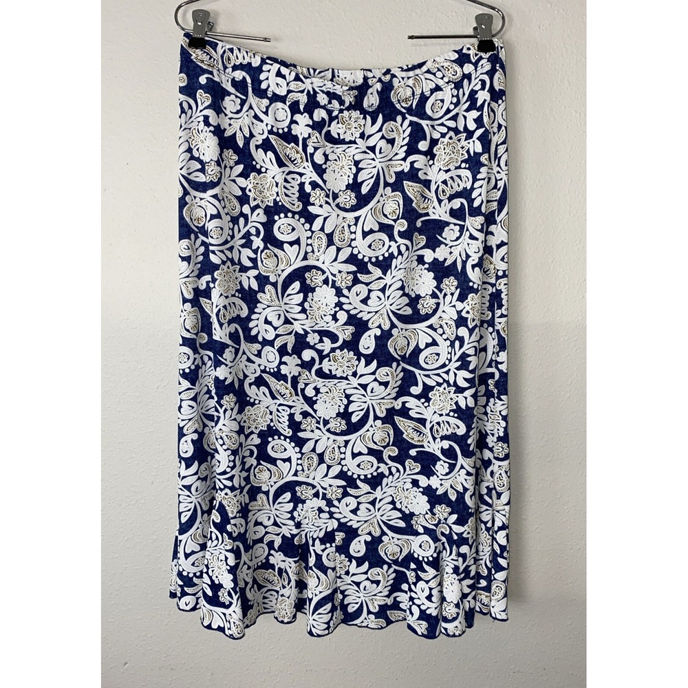 SJS Textured Midi‎ Skirt Blue White Brown Floral Elastic Waist Size Large Career